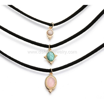 Natural Stone Pendant Multi Layered Velvet Collar Choker